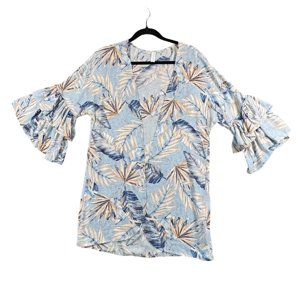 L Love‎ Womens S Blue Floral Kimono Cardigan Ruffle Sleeve Boho Lightweight